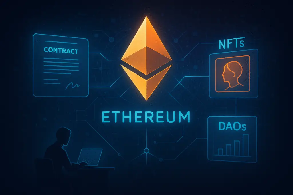 Ilustração digital futurista representando o Ethereum além do Bitcoin, com símbolos de contratos inteligentes, gráficos financeiros e blockchain.